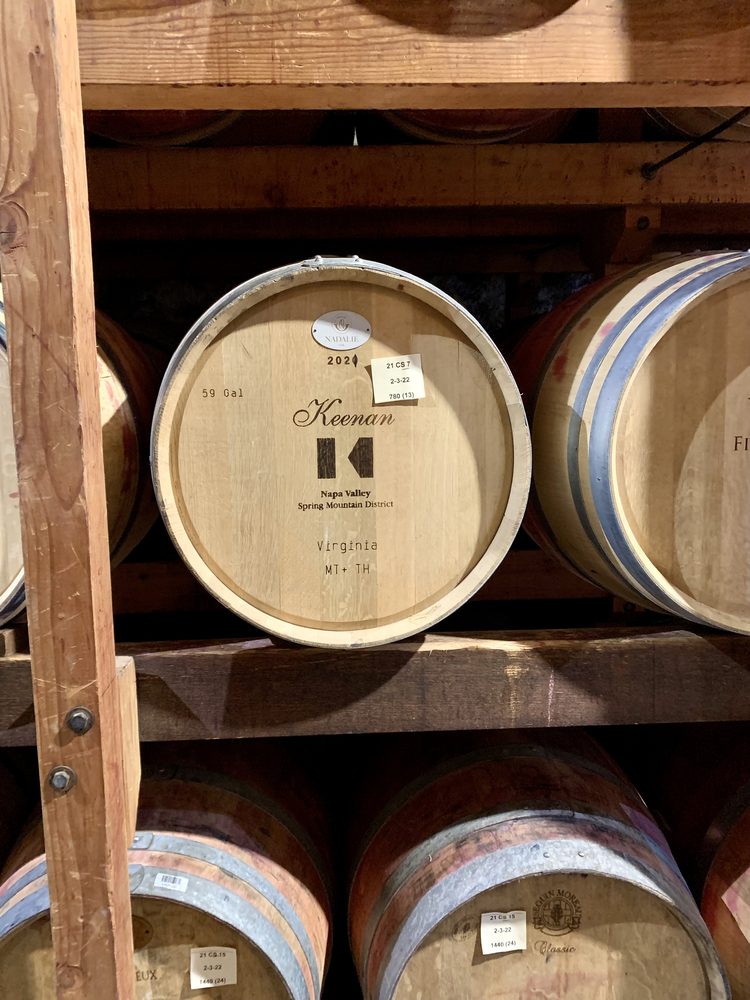 A Keenan barrel head stencilled Napa Valley, Spring Mountain District, racked in the cellar