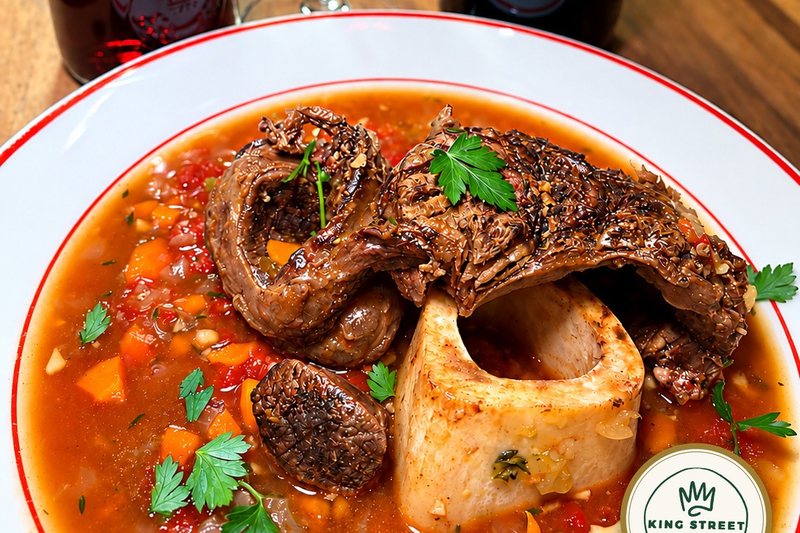 Braised Vermont Wagyu osso buco with its marrow bone in a tomato and vegetable sauce