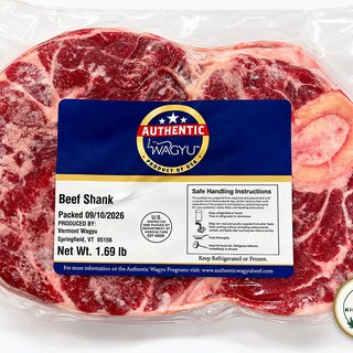 A package of Vermont Wagyu beef shank carrying the Authentic Wagyu seal, packed 10 September 2026 in Springfield, Vermont