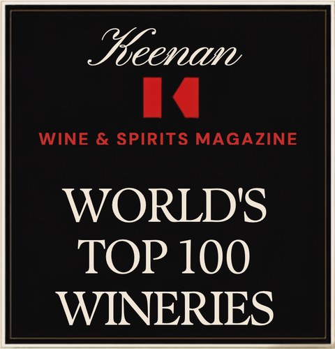 Keenan Winery graphic: Wine & Spirits Magazine World&rsquo;s Top 100 Wineries, with the Keenan script and red K