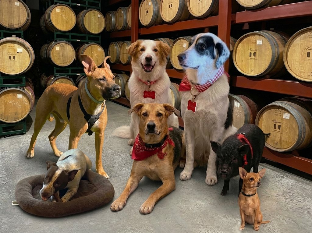The Keenan Winery dogs — plus Little Billy the pig and our little chihuahua friend — gathered among the oak barrels in the cellar
